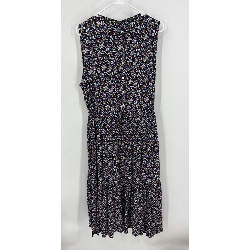 Chaps Summer Maxi Dress Sleeveless Navy Blue w/ ditzy, colorful floral print 1X